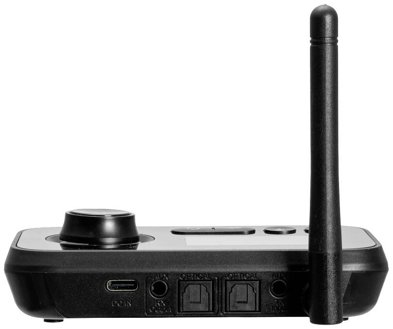 Un émetteur audio sans fil avec antenne, plusieurs ports et un bouton rotatif, utilisé pour la transmission audio par radiofréquence.