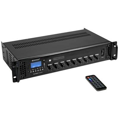 Un amplificateur audio noir avec plusieurs réglages et un affichage bleu, à côté duquel se trouve une télécommande aux touches colorées.