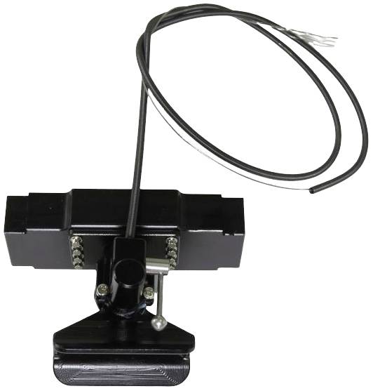 Un appareil électrique noir avec des câbles et une fixation métallique, probablement un capteur ou un composant technique, sur un fond blanc.