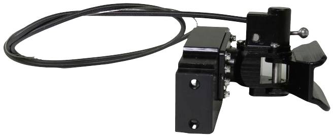 Un dispositif mécanique noir avec un câble et un levier. Utilisé pour le contrôle à distance de composants de véhicules.