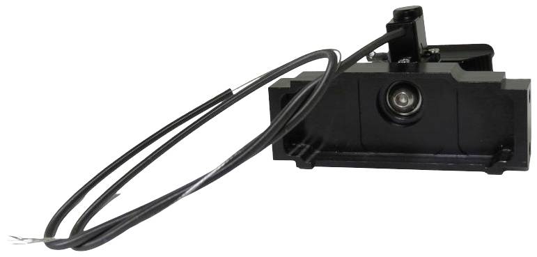 Petite caméra noire avec câble de connexion posé sur le côté, montée latéralement sur un boîtier rectangulaire.