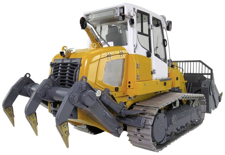 Un grand bulldozer jaune avec des chenilles métalliques et de grandes lames frontales, pris de côté, se trouve sur un fond blanc.