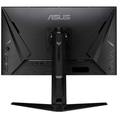 Vue arrière d'un moniteur gaming ASUS TUF, de couleur noire, montrant les options de connexion et le design du pied de support.