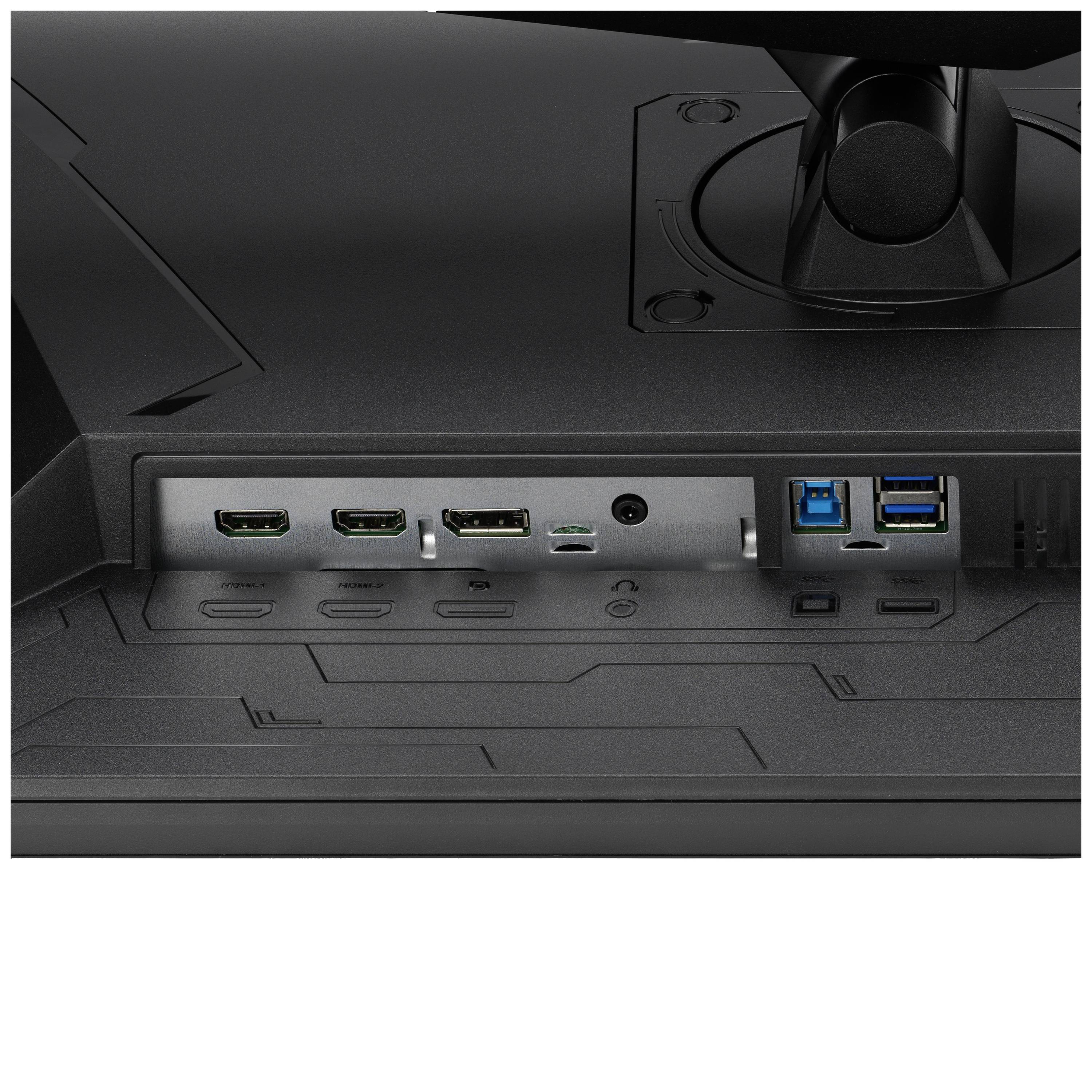 Un moniteur avec des ports : HDMI, DisplayPort, USB, Audio. Trois ports USB, deux ports HDMI et un DisplayPort sont visibles.