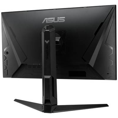 Un moniteur d'ordinateur noir de la marque Asus, modèle TUF Gaming, est visible de dos, posé sur un support stable et géométrique.