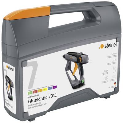 Pistolet à colle thermique gris de la marque 'Steinel GlueMatic 7011' dans une mallette portable, mis en évidence sur l'emballage en plusieurs langues.