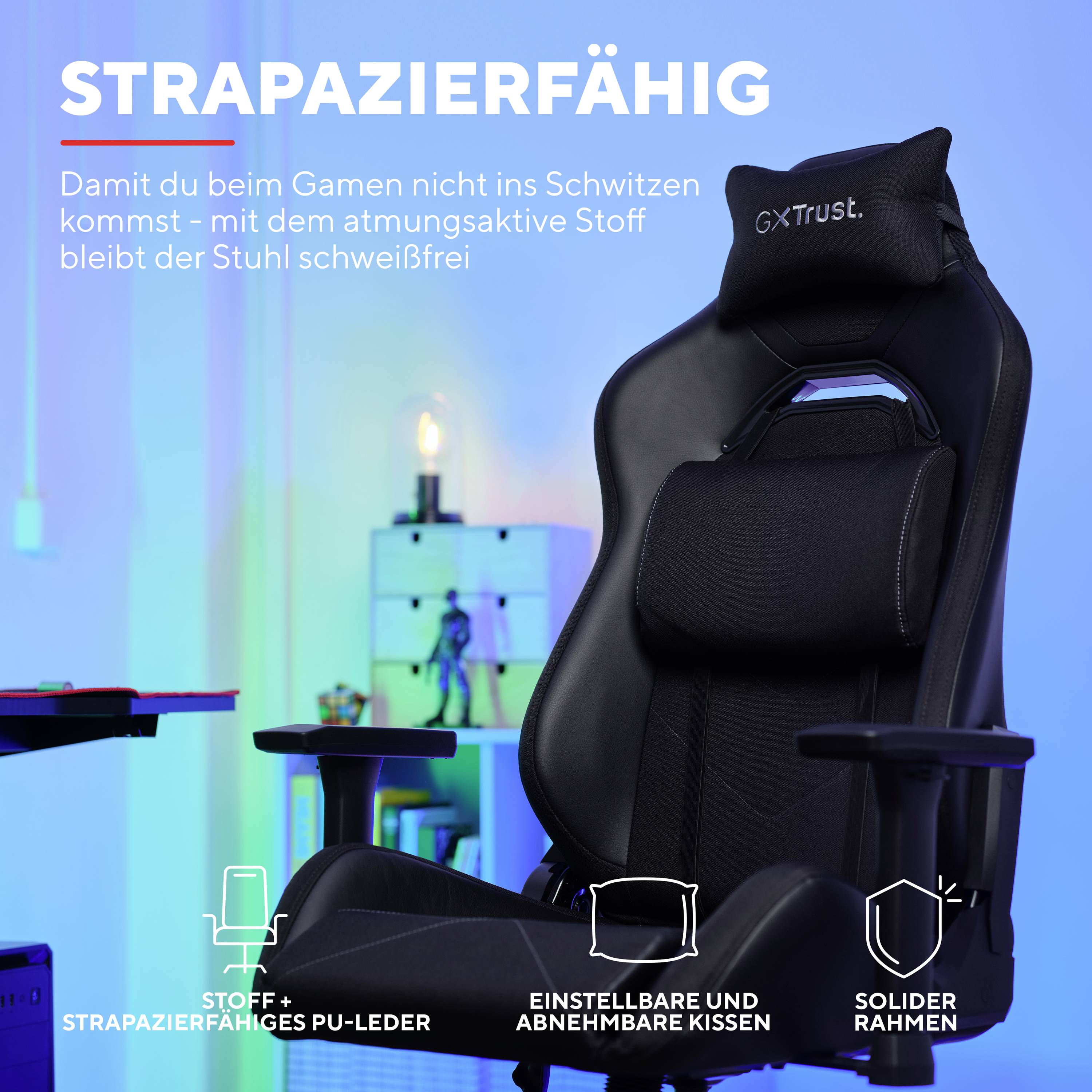 Chaise gaming résistante en tissu respirant. Design ergonomique avec dossier ajustable et construction robuste.