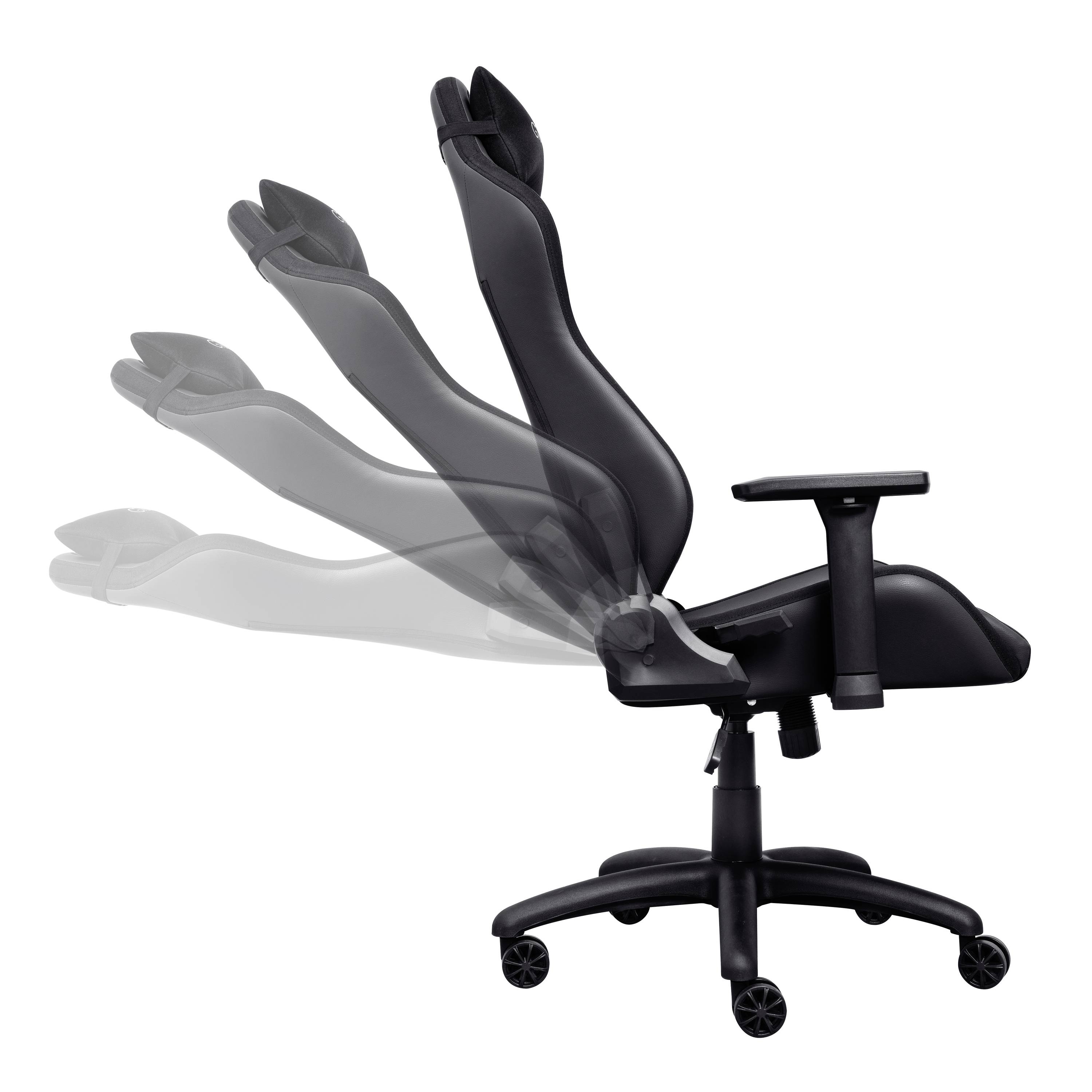 Une chaise de bureau noire avec un dossier réglable illustré à différents angles d'inclinaison.
