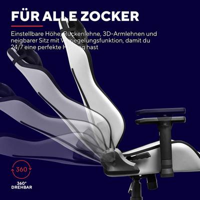 Une chaise de gaming avec hauteur réglable, dossier inclinable, accoudoirs 3D et rotation à 360 degrés favorise une posture parfaite pendant le jeu.
