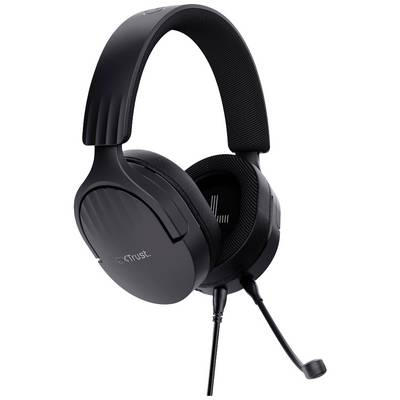 Casque noir supra-auriculaire avec microphone, adapté pour le gaming ou les appels téléphoniques. Le marquage présente le logo 'Trust' sur le pavillon.