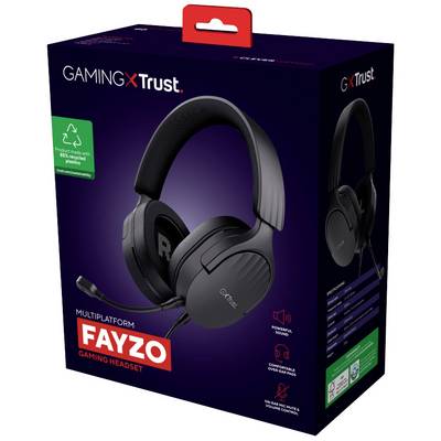 Casque gaming noir de la marque 'Trust' sur son emballage. Modèle 'Fayzo', compatible avec plusieurs plateformes, microphone ajustable.