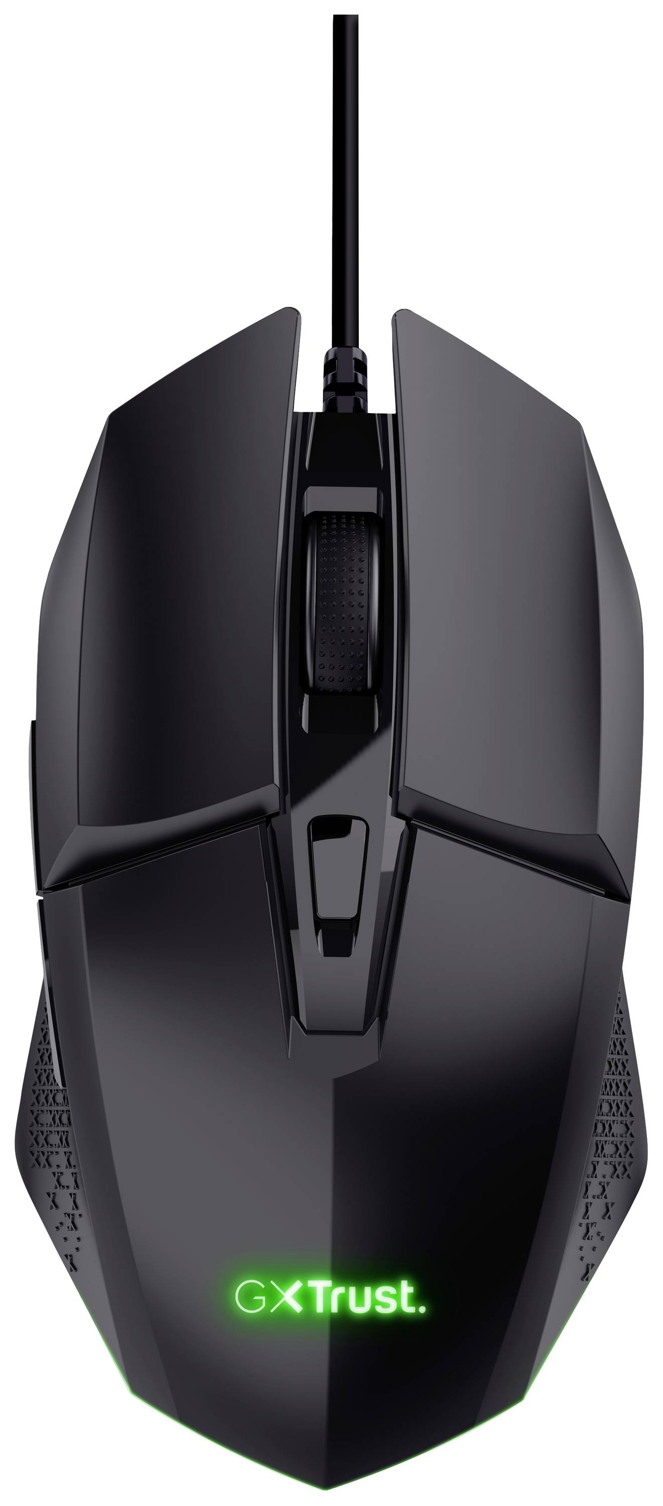 Souris de gaming noire avec logo 'GX Trust' rétroéclairé sur l'avant. Elle présente un design ergonomique avec des prises latérales texturées.
