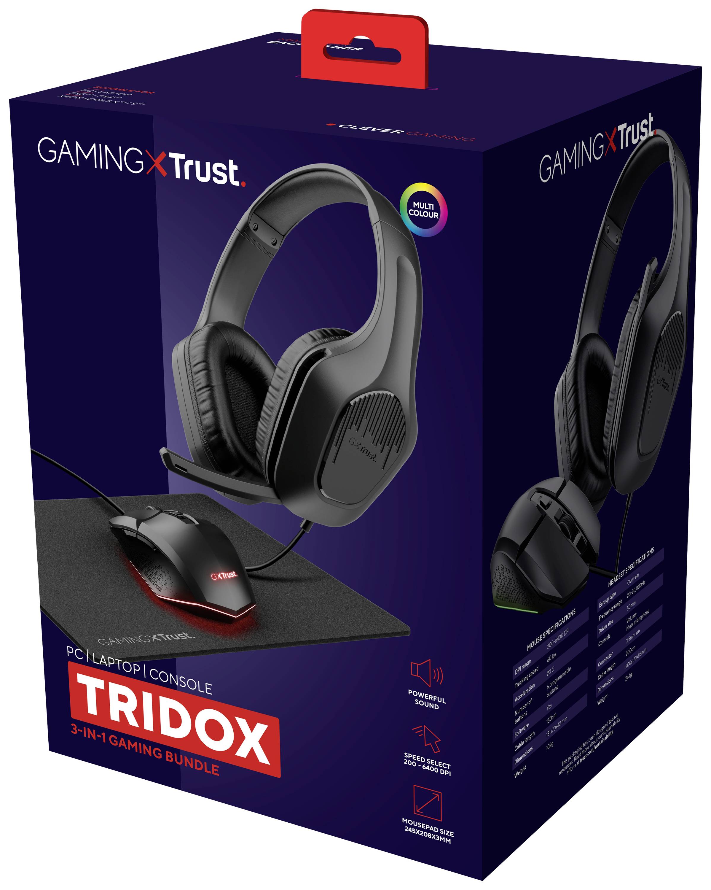 Emballage du 'TRIDOX 3-en-1 Gaming Bundle' comprenant un casque, une souris et un tapis de souris. En noir avec des touches rouges, marque 'GamingXTrust'.