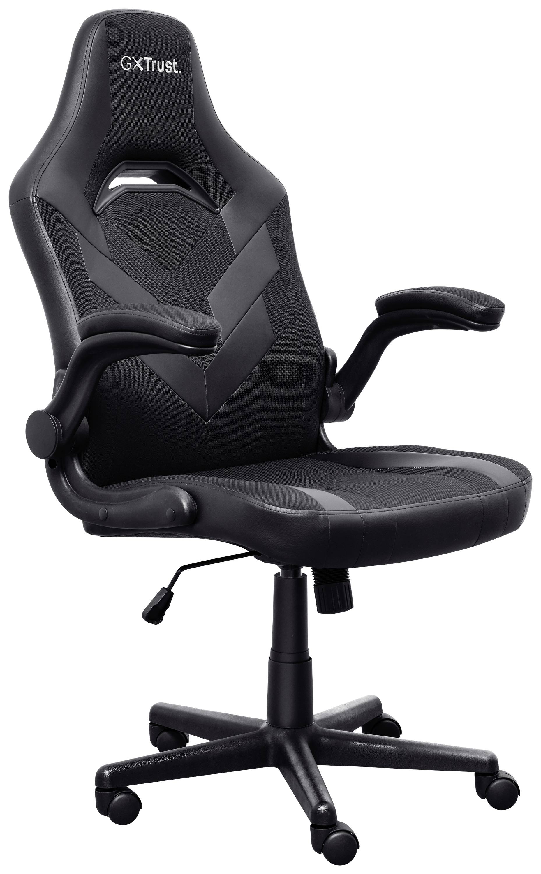 Une chaise de bureau noire avec accoudoirs, dossier réglable et cinq roulettes à la base. Idéale pour les environnements de bureau et de gaming.