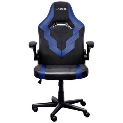 Chaise de gaming noir et bleu au design ergonomique, avec accoudoirs et dossier en maille, reposant sur cinq roulettes pour une mobilité aisée.