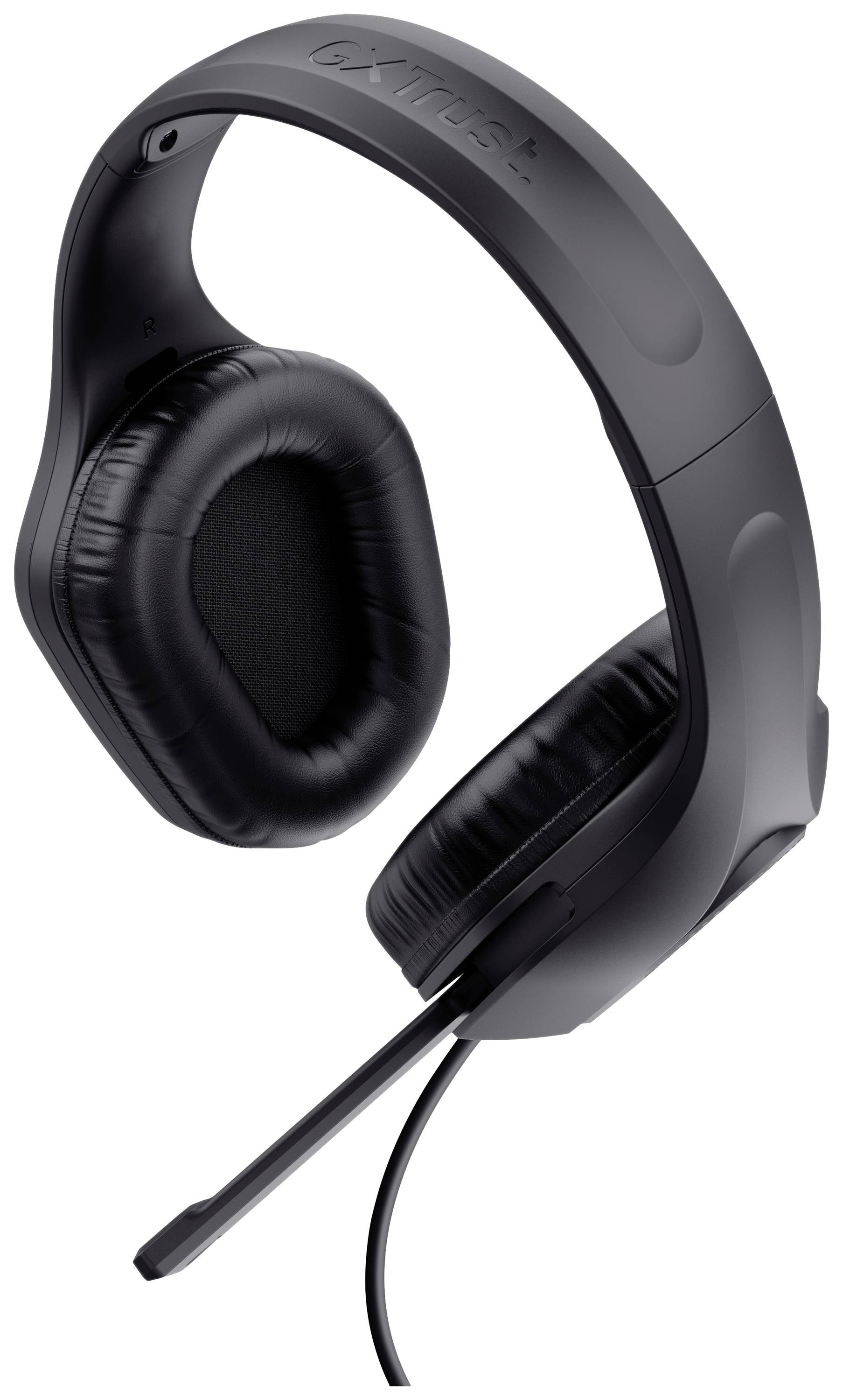 Casque audio noir circumaural avec microphone, adapté pour le gaming ou les vidéoconférences. Design ergonomique pour un confort d'utilisation optimal.