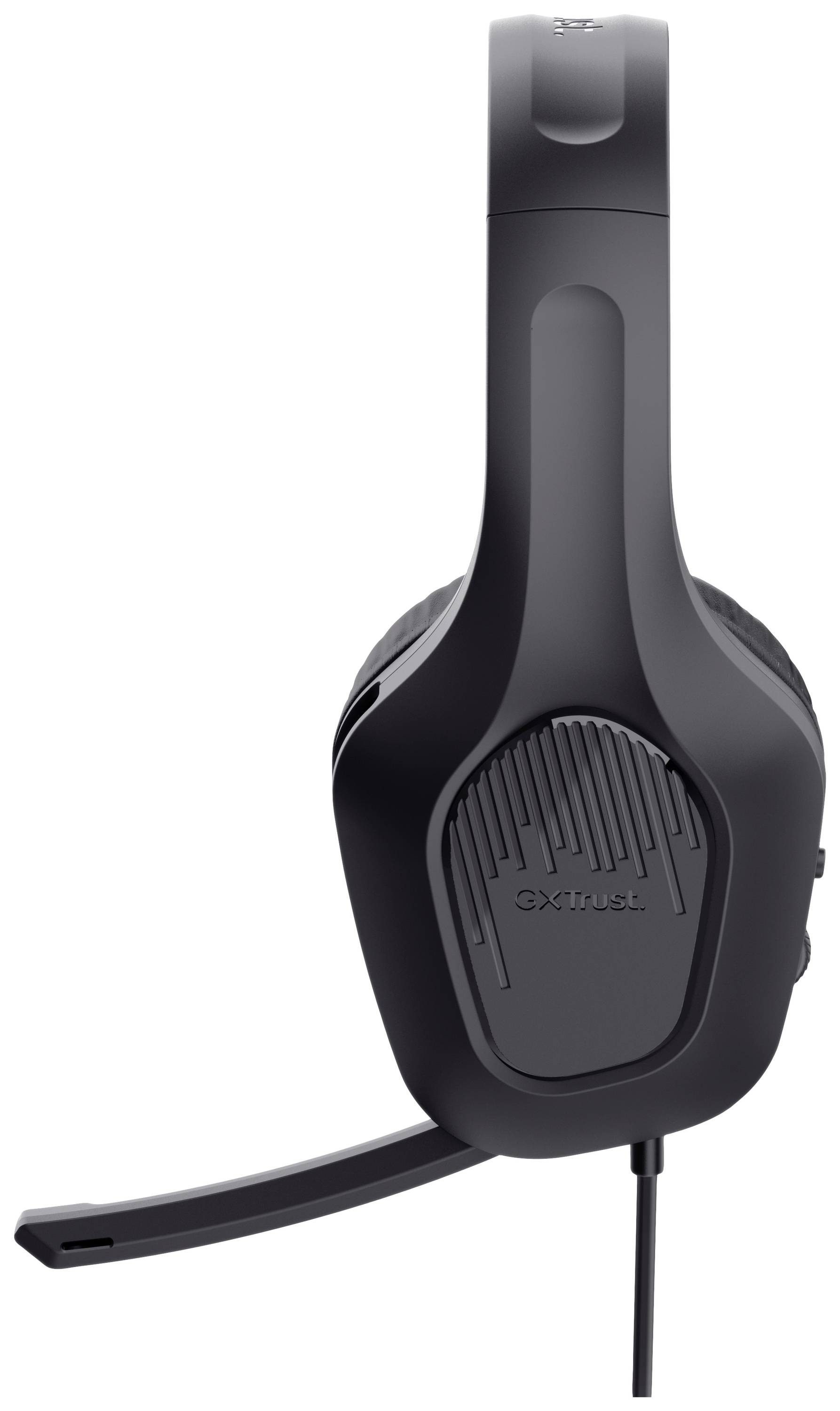 Casque gaming filaire noir avec microphone, vue de côté. Conçu pour un confort optimal lors de longues sessions de jeu ou de travail.