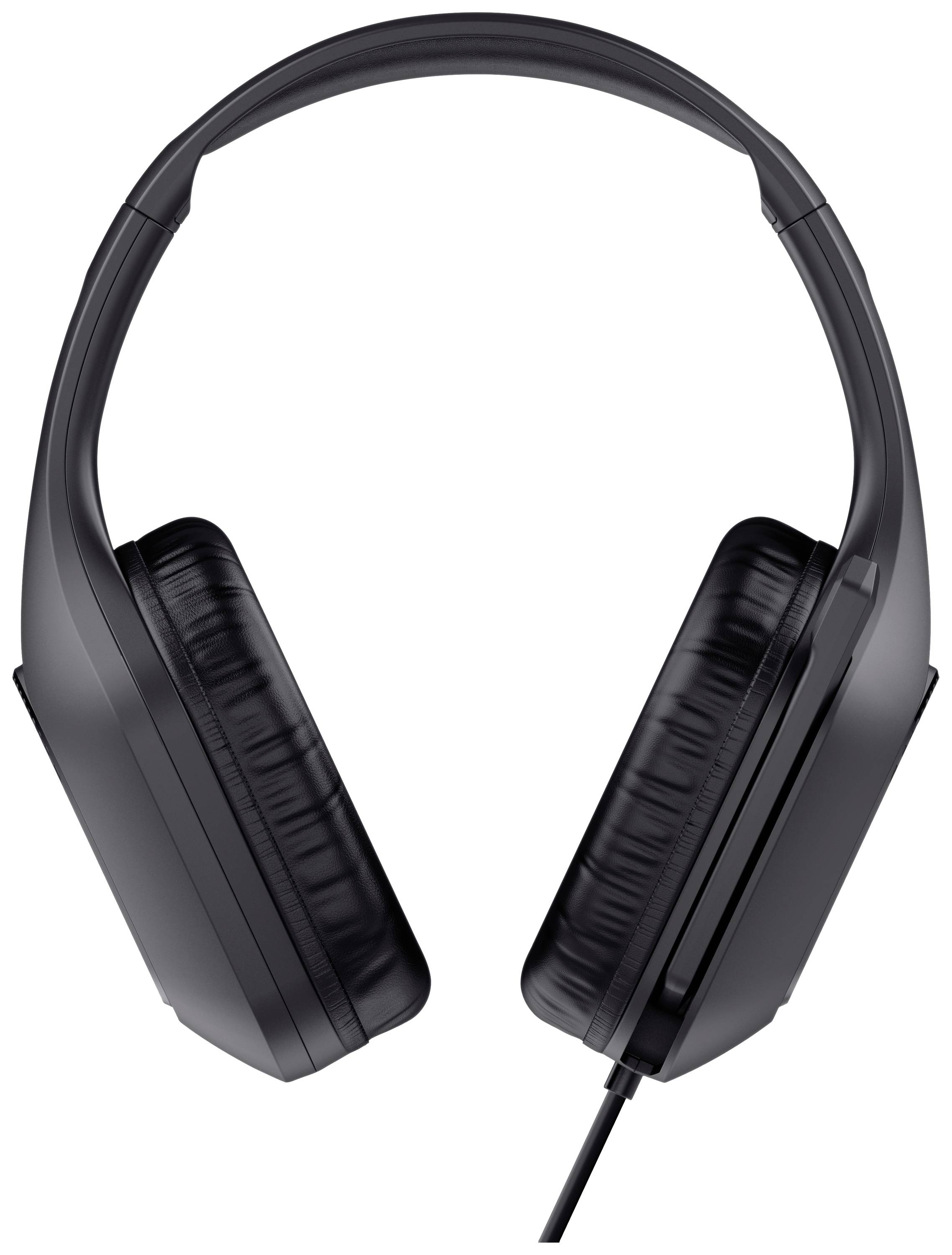 Casque noir à écouteurs circumauraux filaire, photographié de face. Il est sobre dans son design et dispose de coussinets d'oreille rembourrés.