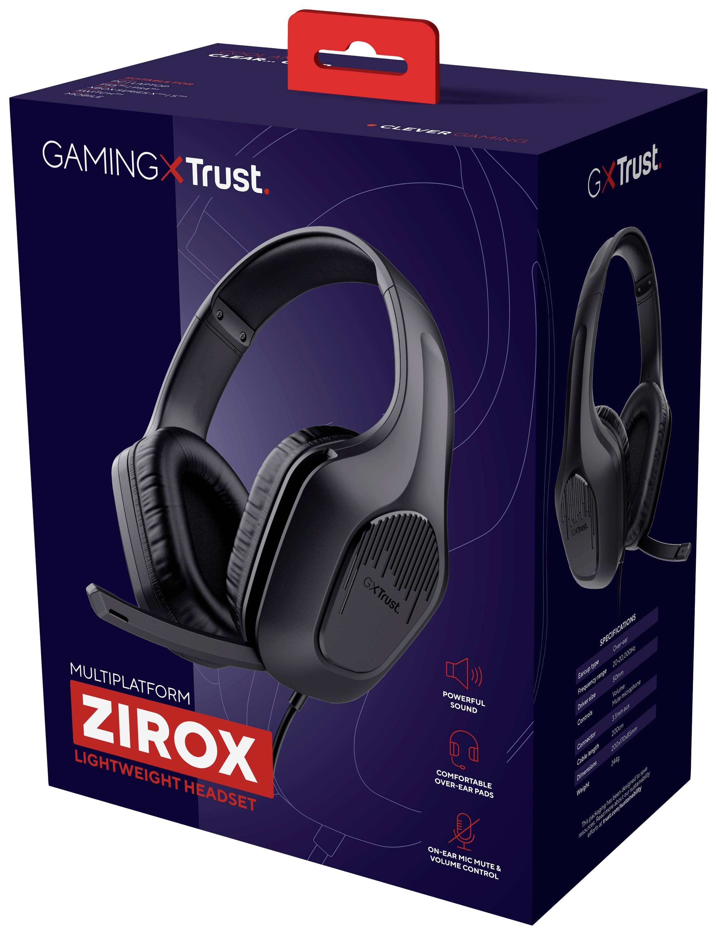 Emballage d'un casque gaming Trust, modèle 'Zirox'. Caractéristiques : léger, compatible multi-plateformes, noir.