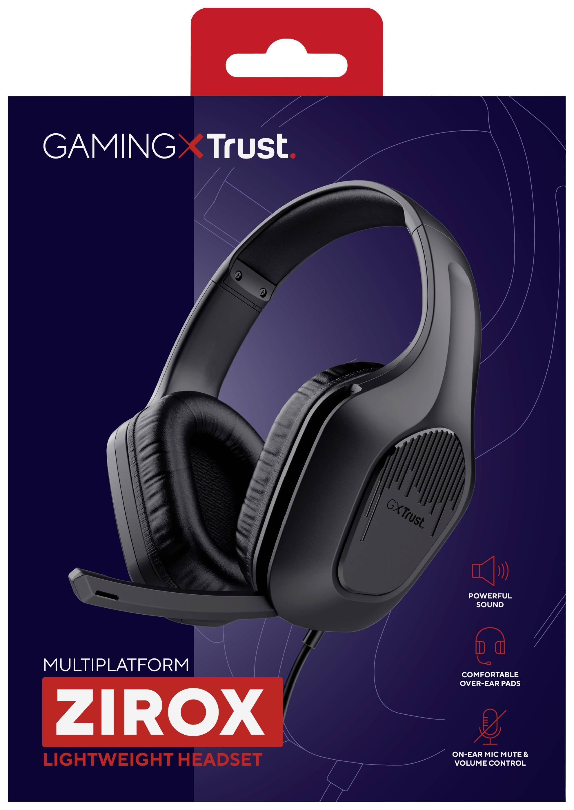 Casque gaming noir dans son emballage. Marque 'Trust'. Design léger, adapté à plusieurs plateformes.