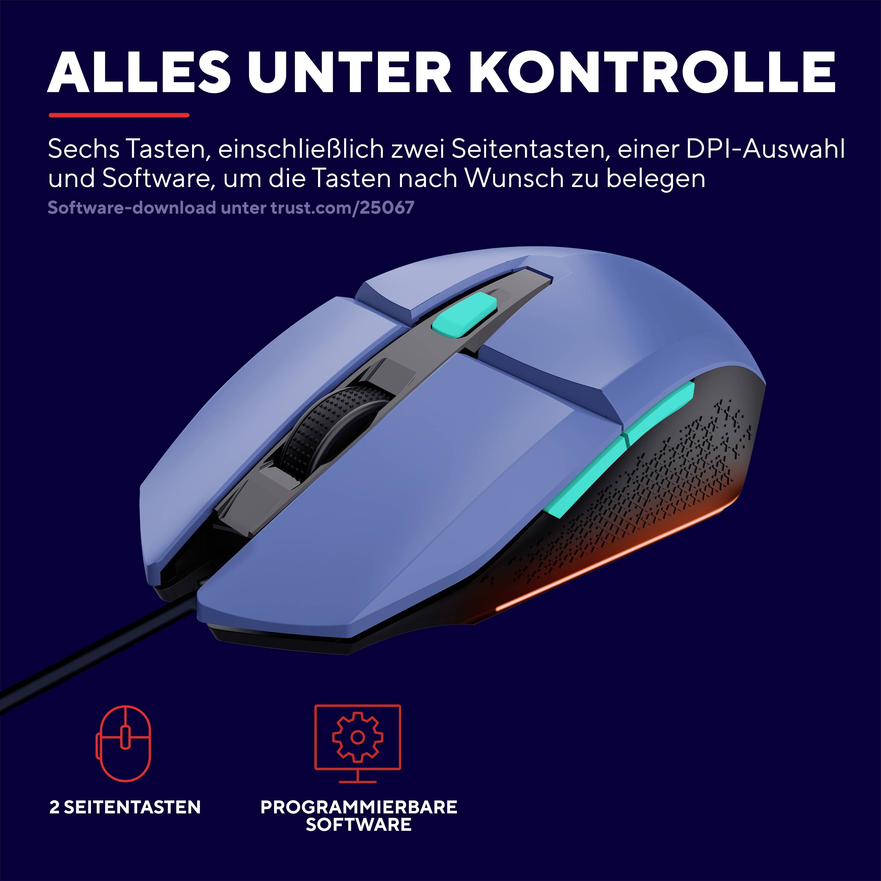 Image d'une souris d'ordinateur bleue avec des boutons programmables et sélection DPI. Texte : 'Tout sous contrôle' avec lien de téléchargement du logiciel.
