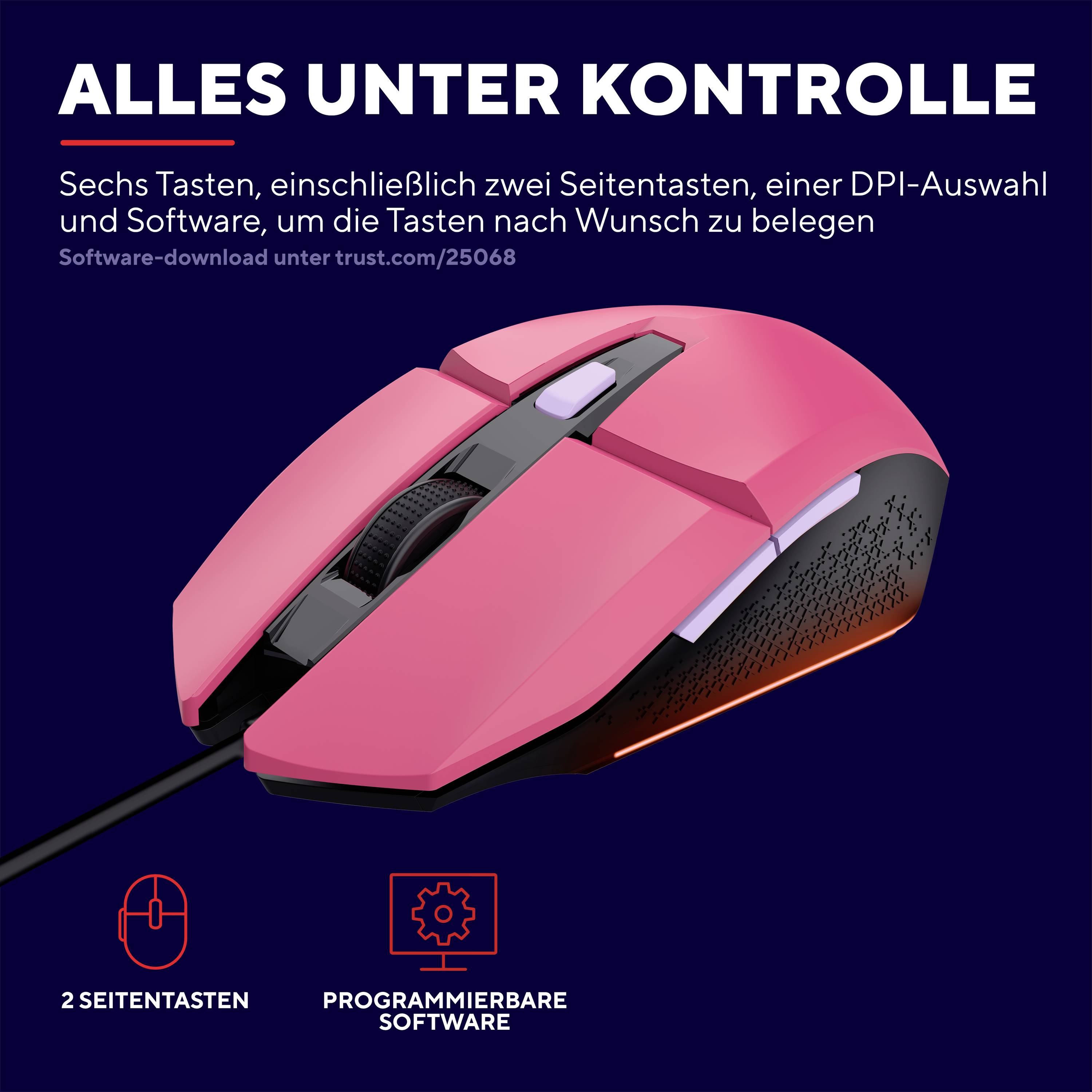 Une souris gaming avec six boutons, incluant deux boutons latéraux et une sélection DPI. Texte : 'Tout sous contrôle'.