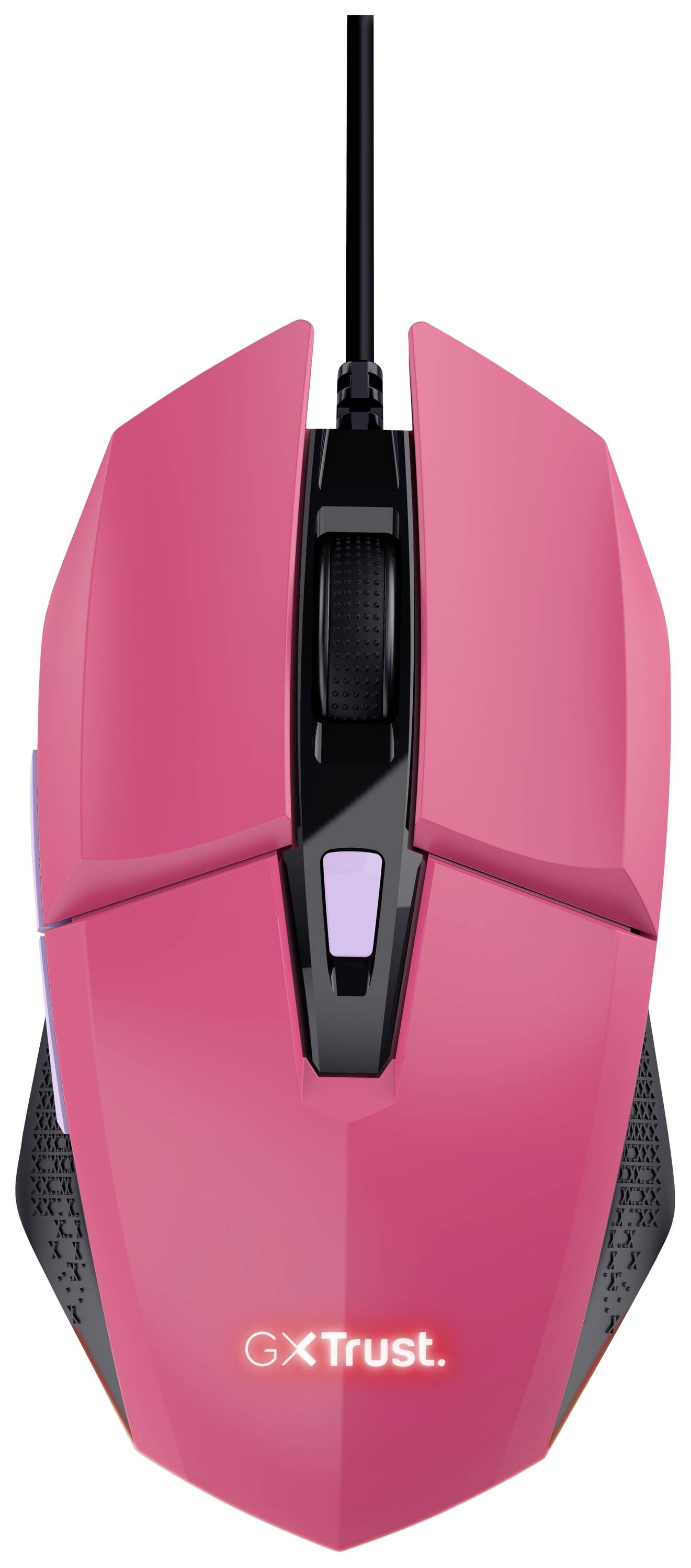 Souris de jeu rose avec molette de défilement et câble noirs. Le logo 'GXT Rezz' s'illumine en blanc sur l'avant.