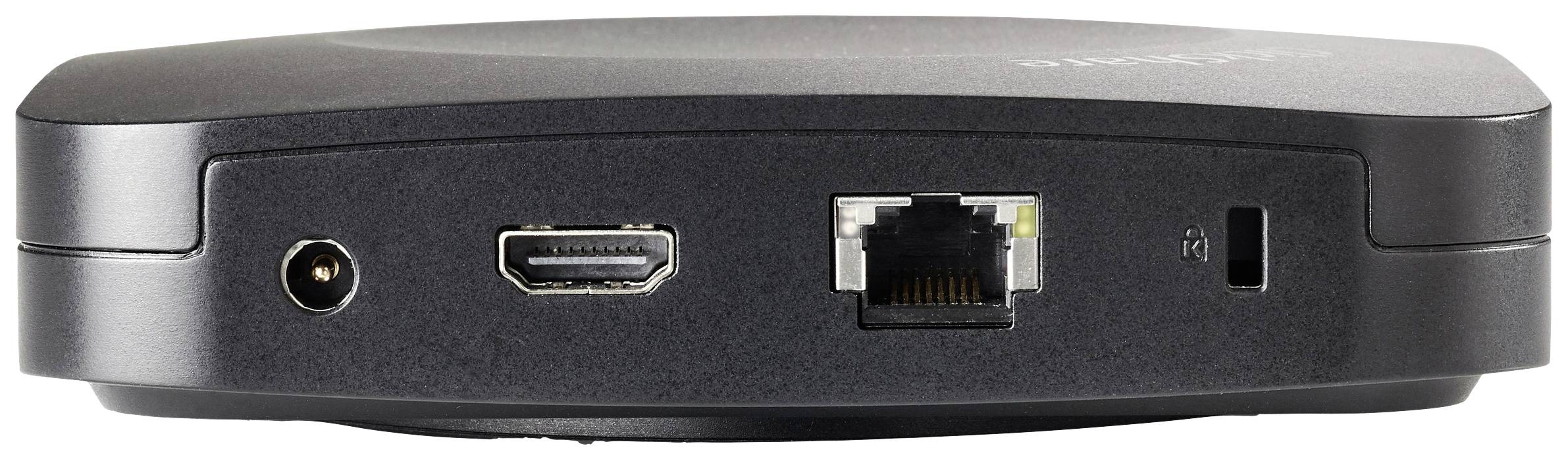 L'image montre l'arrière d'un appareil électronique avec des ports : HDMI, Ethernet et alimentation électrique.