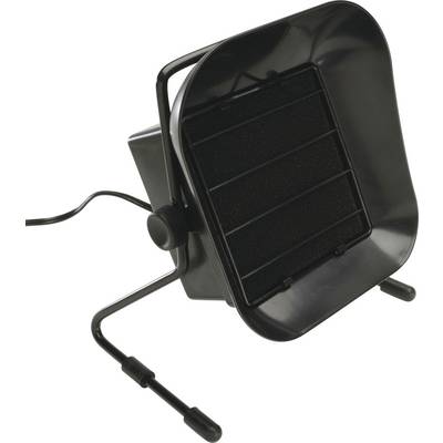 Un ventilateur de bureau noir avec grille à lames, incliné vers le haut et soutenu par un support en fil métallique avec des pieds de stabilisation.