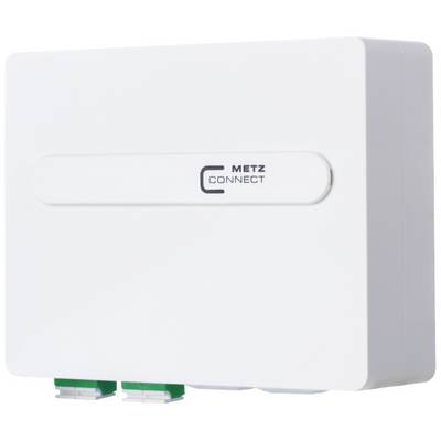 Un boîtier en plastique blanc portant l'inscription 'Metz Connect' à l'avant, doté de deux connexions vertes en bas à gauche.