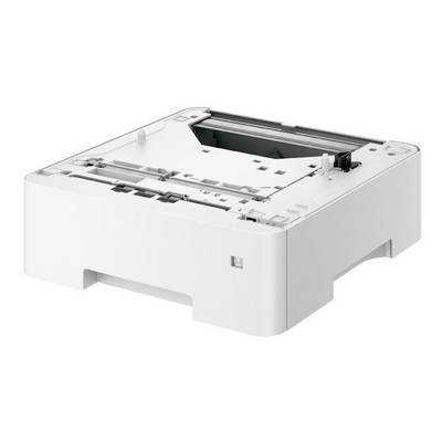 Un accessoire d'imprimante blanc pour l'alimentation papier, permettant l'insertion de feuilles supplémentaires dans une imprimante.