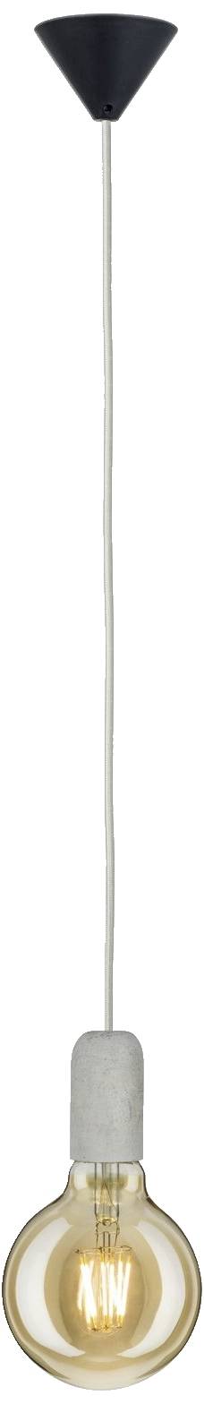 Ampoule suspendue avec support de plafond noir et filament apparent. Elle produit une lumière chaleureuse et présente un design minimaliste.