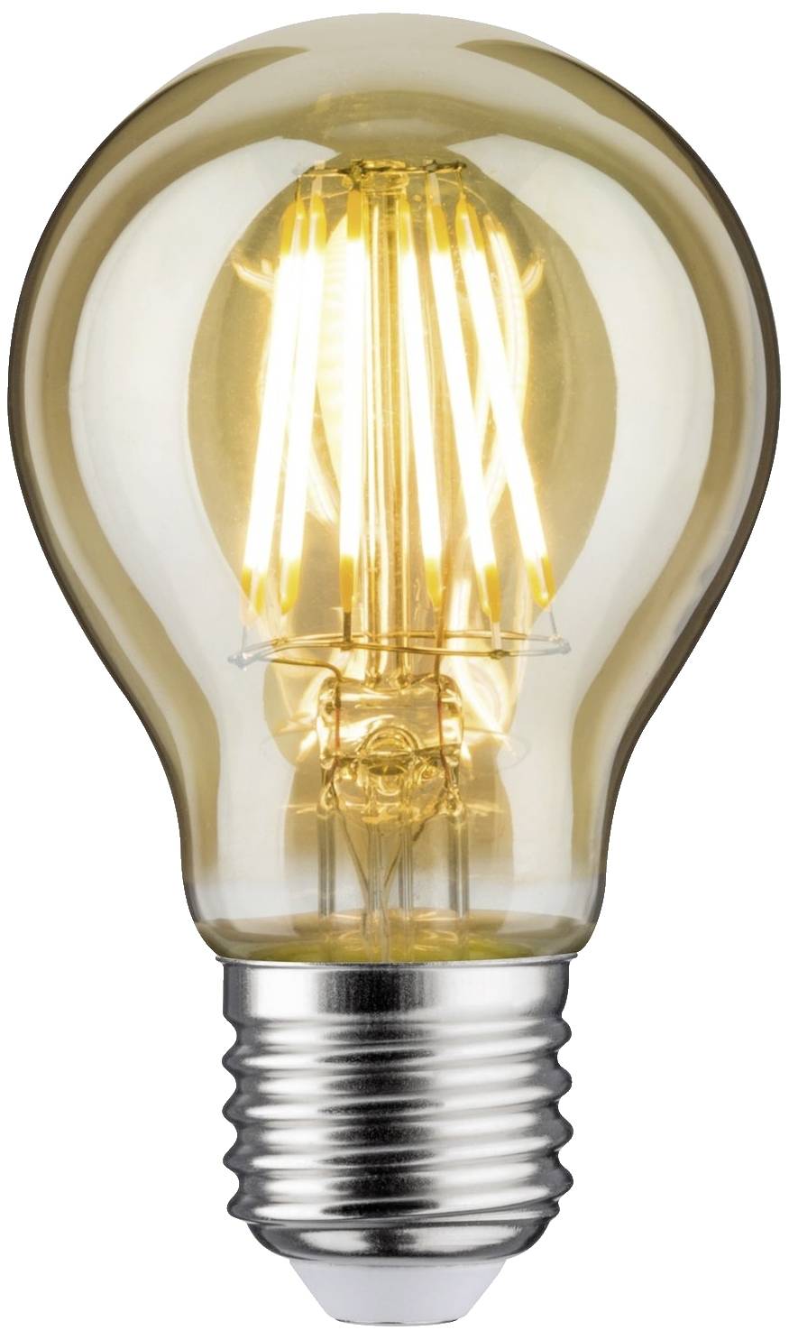 Une ampoule allumée avec son filament visible.