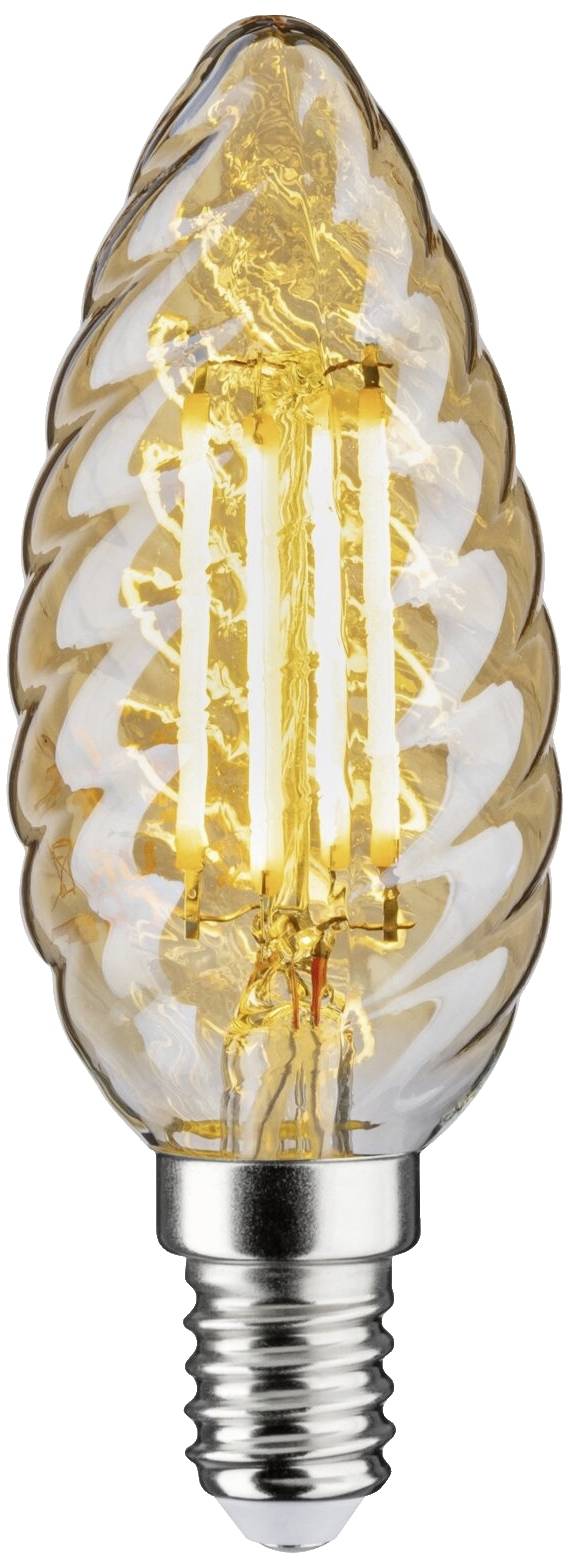 Ampoule décorative en verre spiralé avec filament apparent, utilisée pour un éclairage d'ambiance.