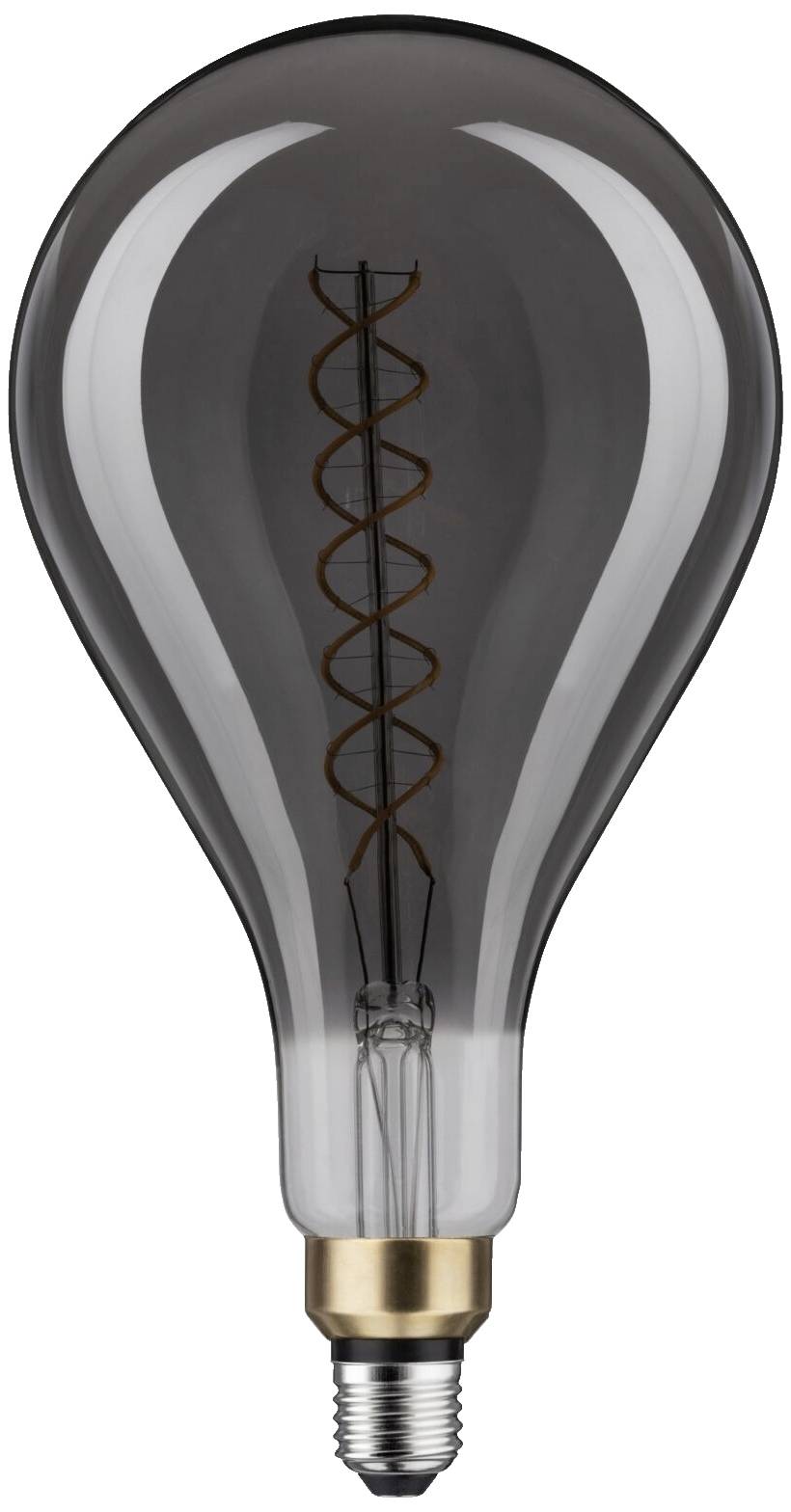 Une grande ampoule en forme de goutte avec un filament de tungstène visible formant une spirale. La base est en métal.