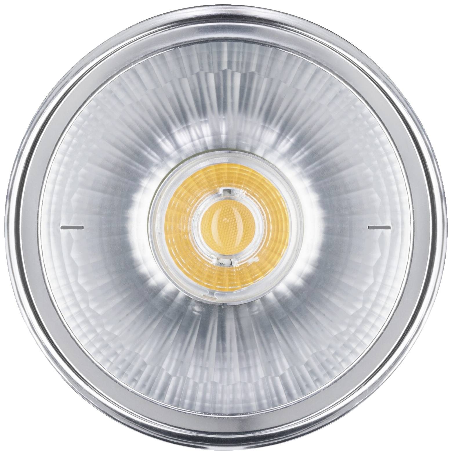 Un luminaire LED rond avec une zone centrale jaune et un réflecteur argenté. Adapté pour l'éclairage ou comme élément de design.