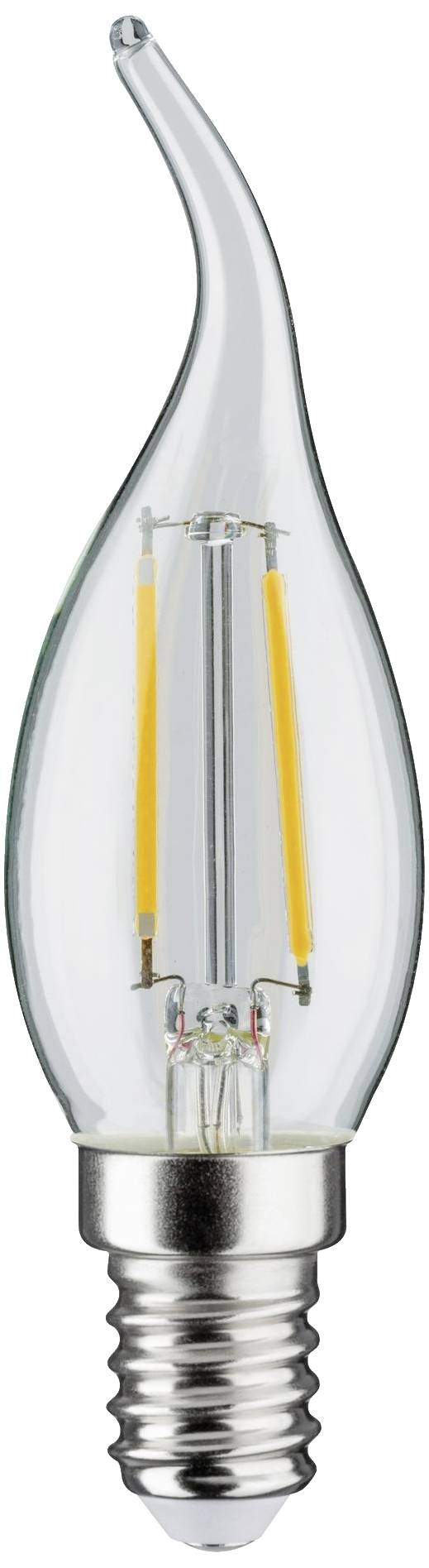 Une ampoule LED en forme de bougie avec un abat-jour transparent et un filament visible, droite, avec douille E14.