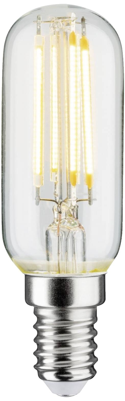 Une ampoule LED à culot E14, allumée, montre des filaments jaune lumineux dans un verre transparent. Économe en énergie et moderne.
