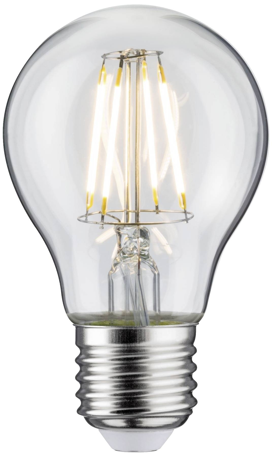 Ampoule à filaments apparents ; elle brille d'une couleur chaude et lumineuse et présente un design classique avec une douille métallique.