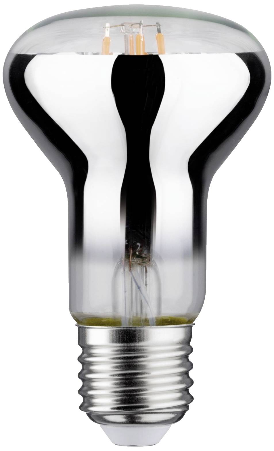 Ampoule LED avec réflecteur argenté, le culot et les filaments intérieurs sont visibles.