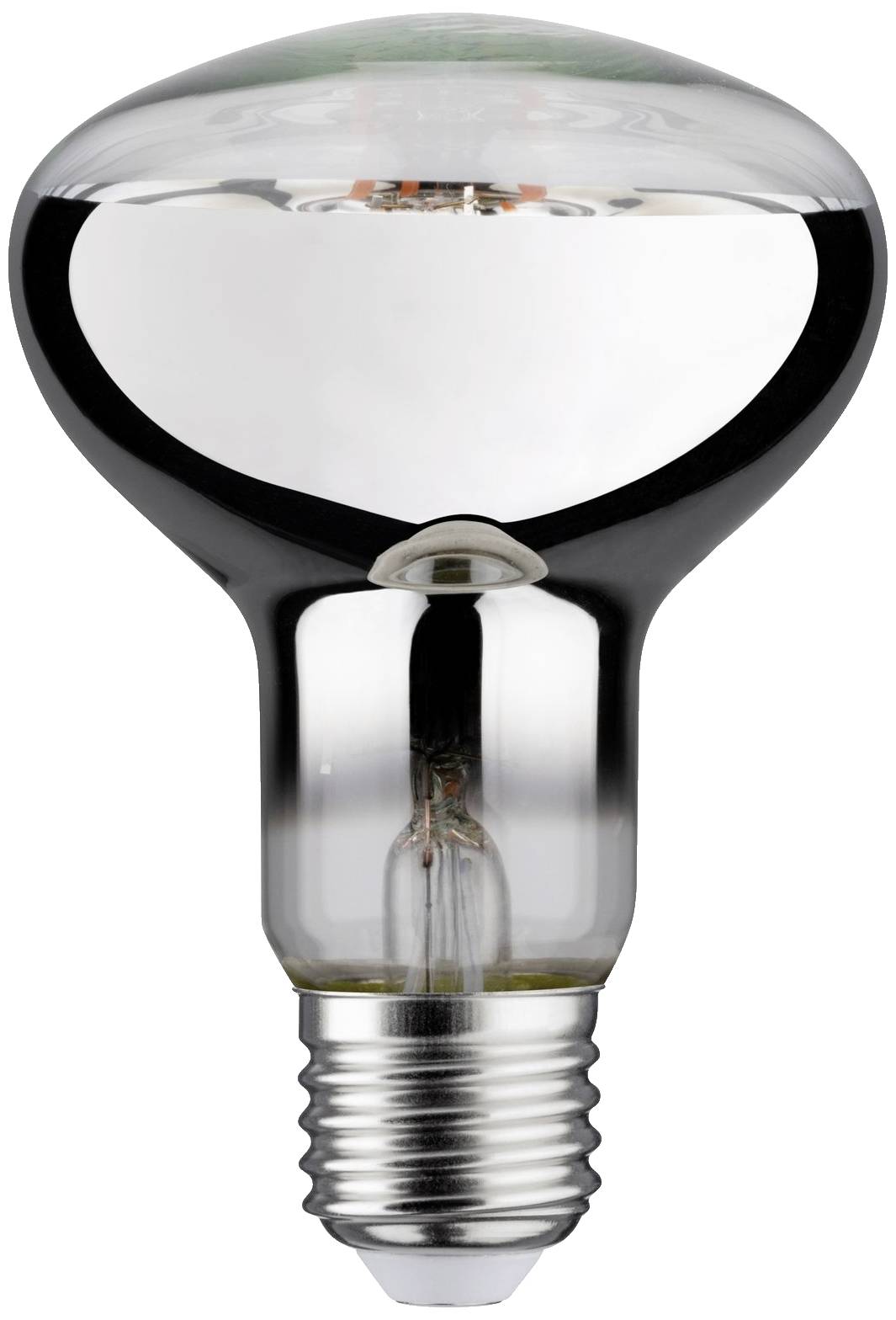 Ampoule brillante argentée à culot à vis, sur fond blanc. Parfaite pour les effets de réflexion dans la décoration d'éclairage.