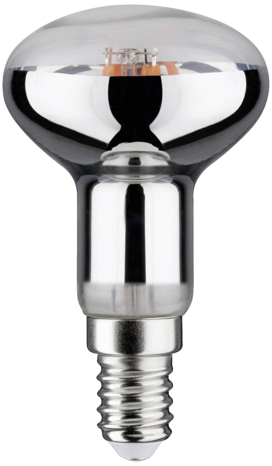 Ampoule réflecteur argentée avec culot à vis E14, globe en verre transparent, filament visible à l'intérieur.