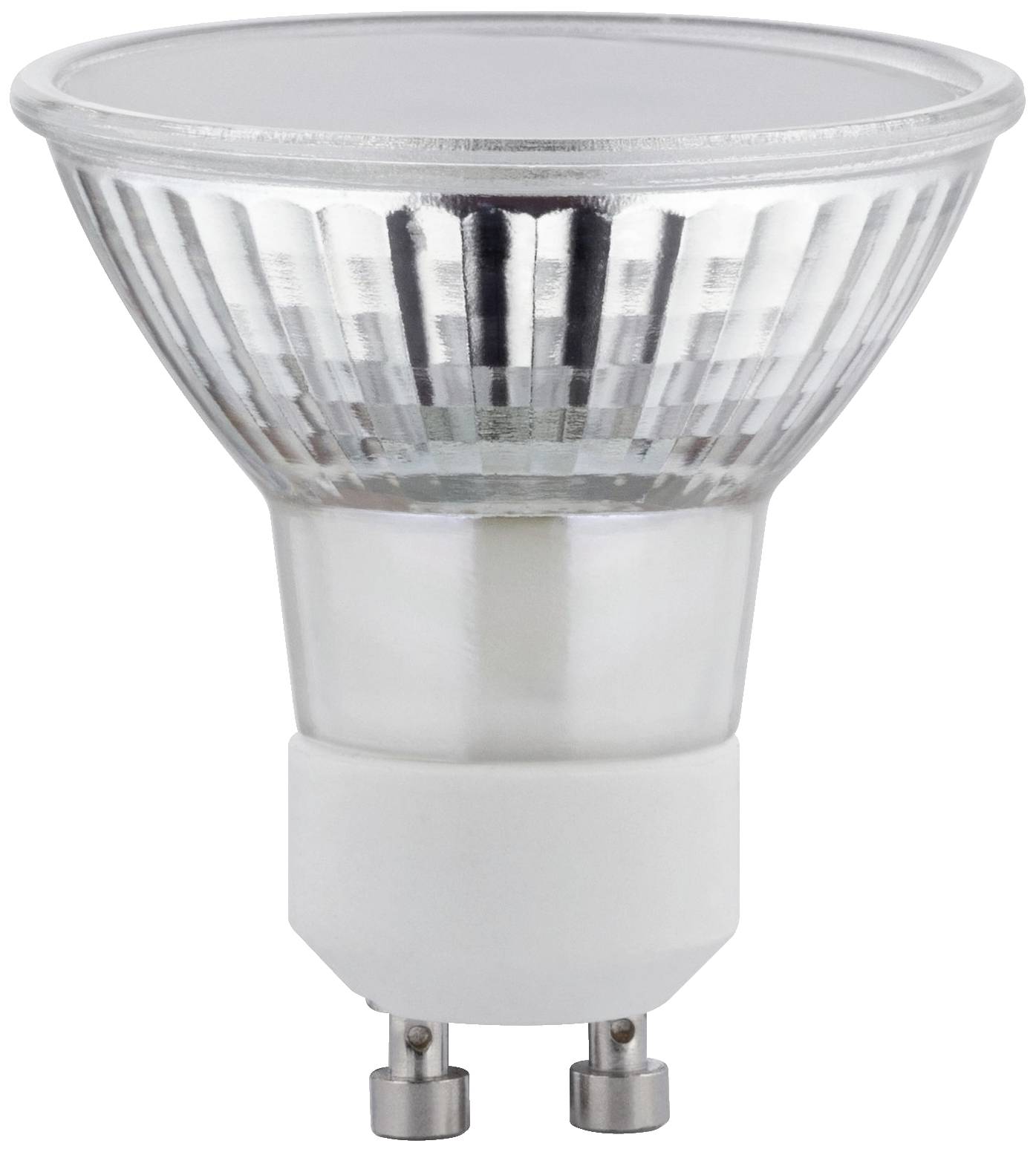 Une ampoule LED de forme GU10, boîtier en aluminium, couleur argent, vue de face.