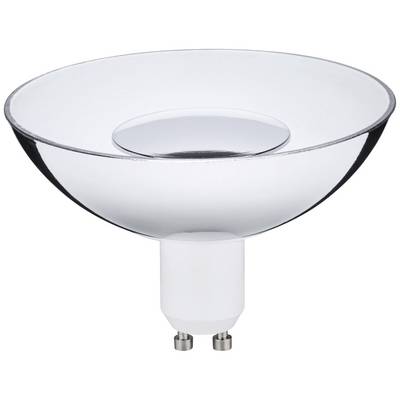 Une lampe réflecteur ronde avec un intérieur argenté et un socle blanc, adaptée aux douilles GU10. Idéale pour un éclairage directionnel.