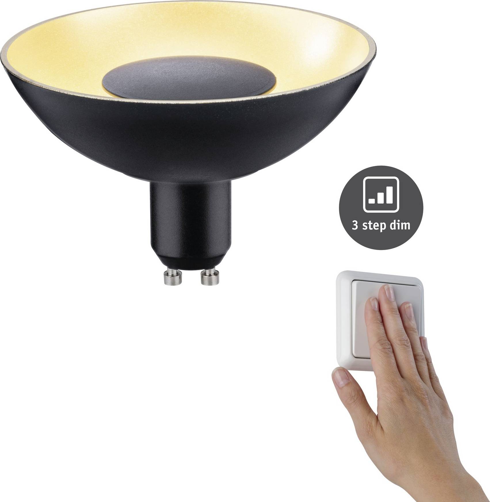 'Lampe LED avec douille GU10, lumière blanc chaud, dimmable en 3 niveaux. Commande du variateur par l'interrupteur mural.'