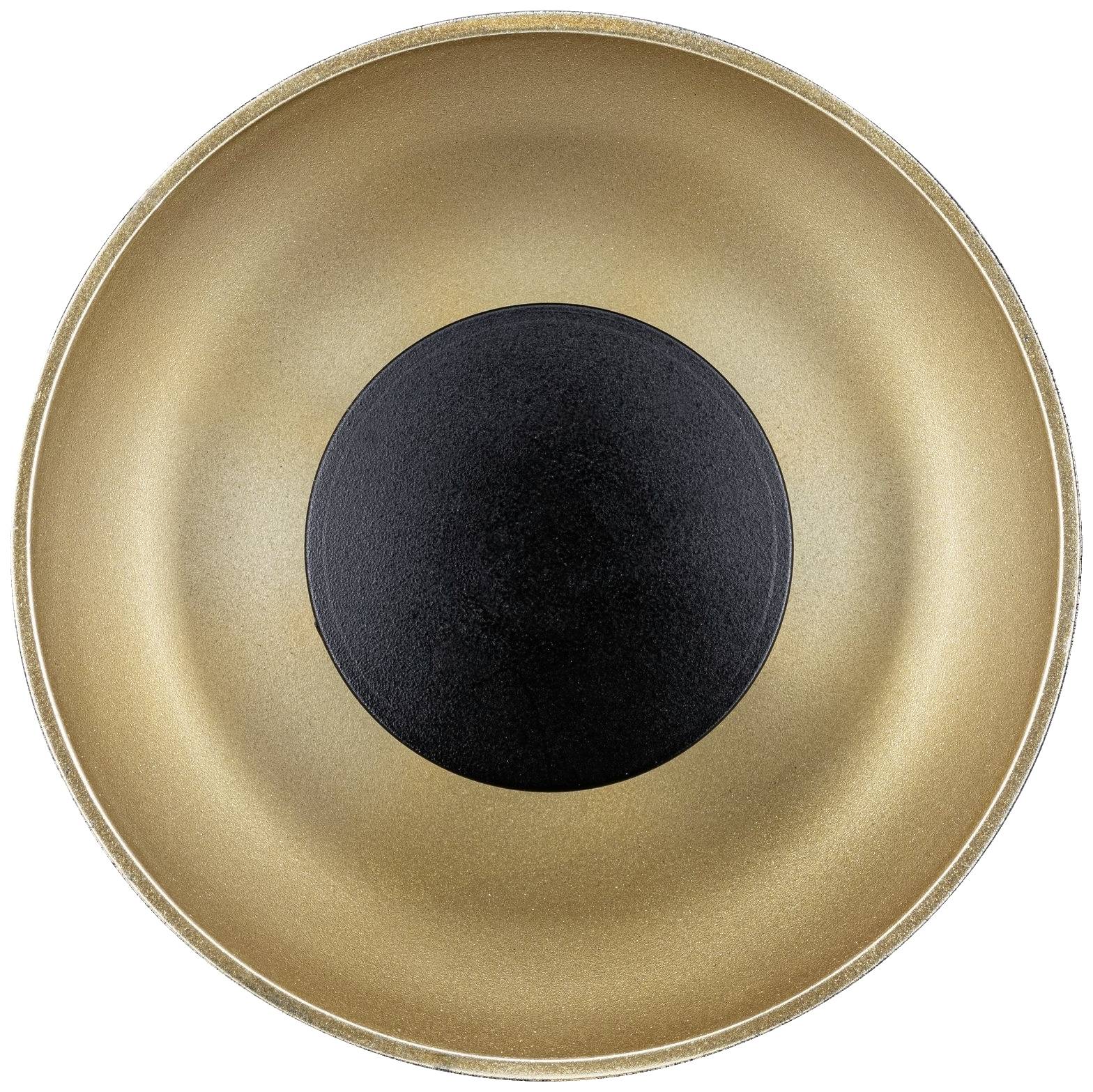 Un bol de couleur bronze avec un cercle intérieur noir, vu de dessus.