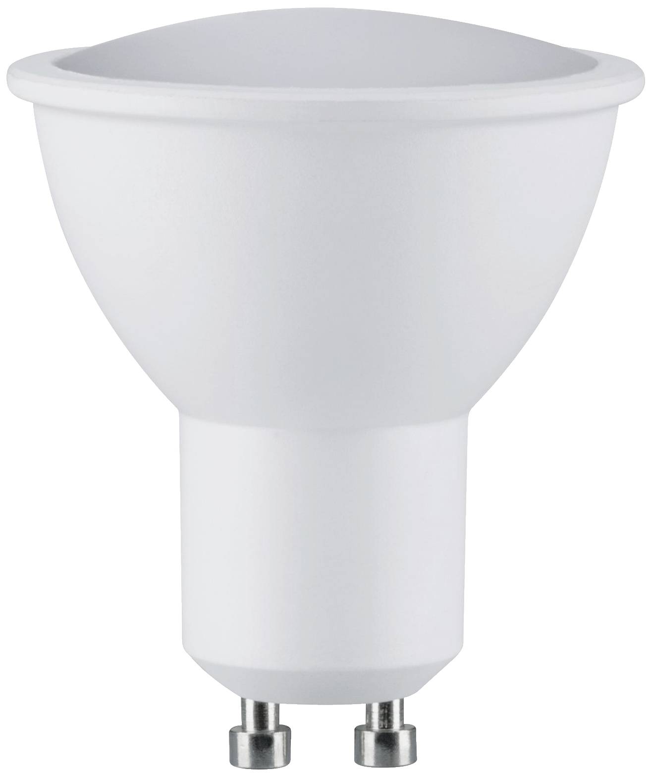 Une ampoule LED blanche à douille GU10, de forme cylindrique avec une partie supérieure plus large. Elle est adaptée aux lampes économiques.