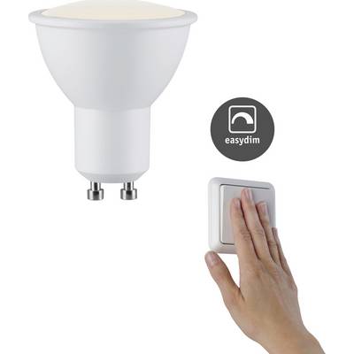 Une main actionne un interrupteur à côté d'une ampoule LED avec fonction 'easydim' qui régule la luminosité.