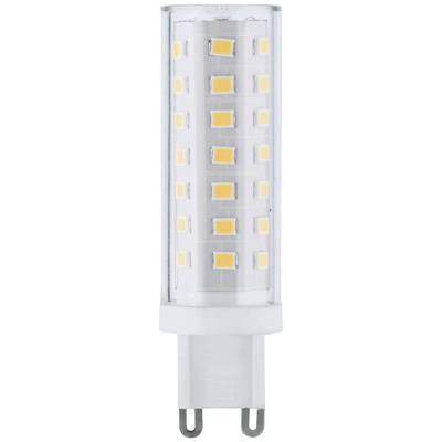 Ampoule LED avec boîtier cylindrique, couverture transparente et plusieurs LED jaunes sur carte électronique blanche. Compatible avec douille G9.
