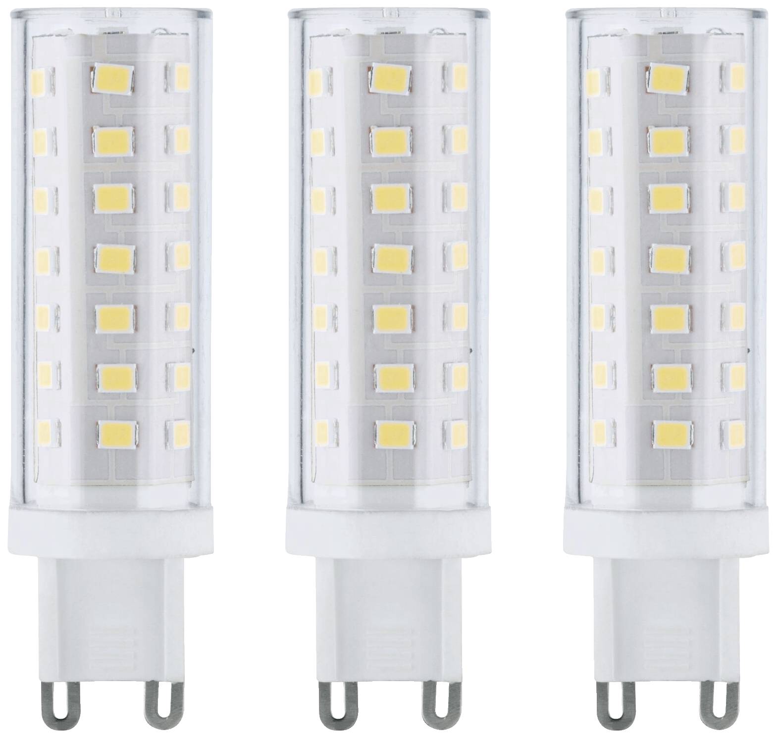 Trois ampoules LED identiques avec connexion enfichable et plusieurs diodes électroluminescentes jaunes dans un boîtier transparent.